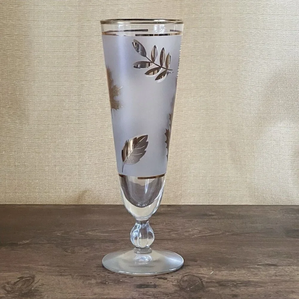 Vintage Libbey Golden Foliage Pilsner Beer Glass Gold Leaf Frosted MCM Barware